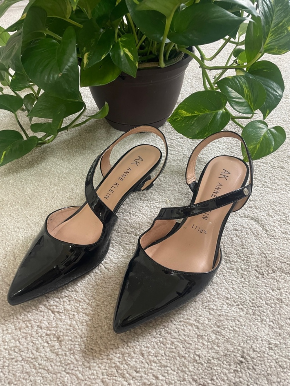 Anne Klein Black Patent Pointed Slingback Mules